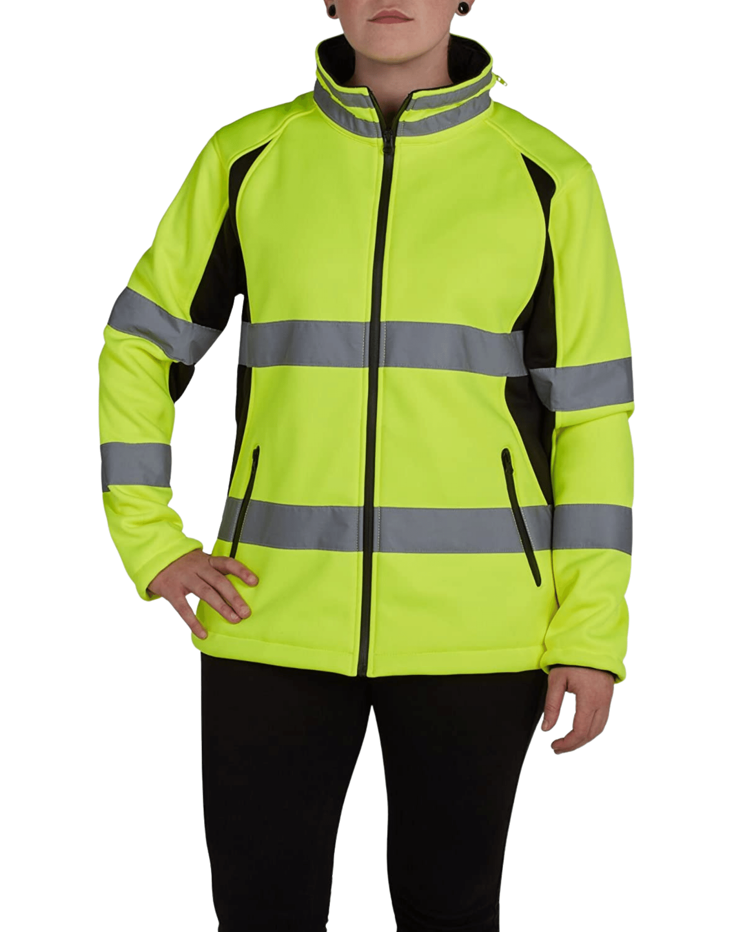 ANSI Class 2 High Visibility Women's soft shell full zip hidden hood polyester jacket by Utility Pro